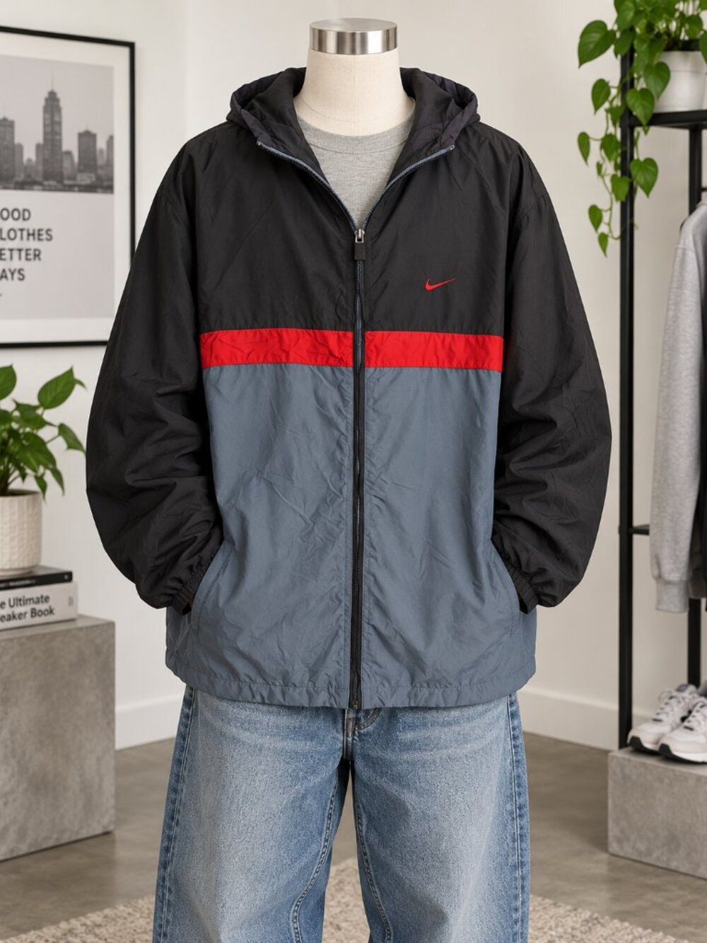 Vintage 90s Nike Windbreaker Men’s XL Black Gray Red Colorblock Boxy Retro